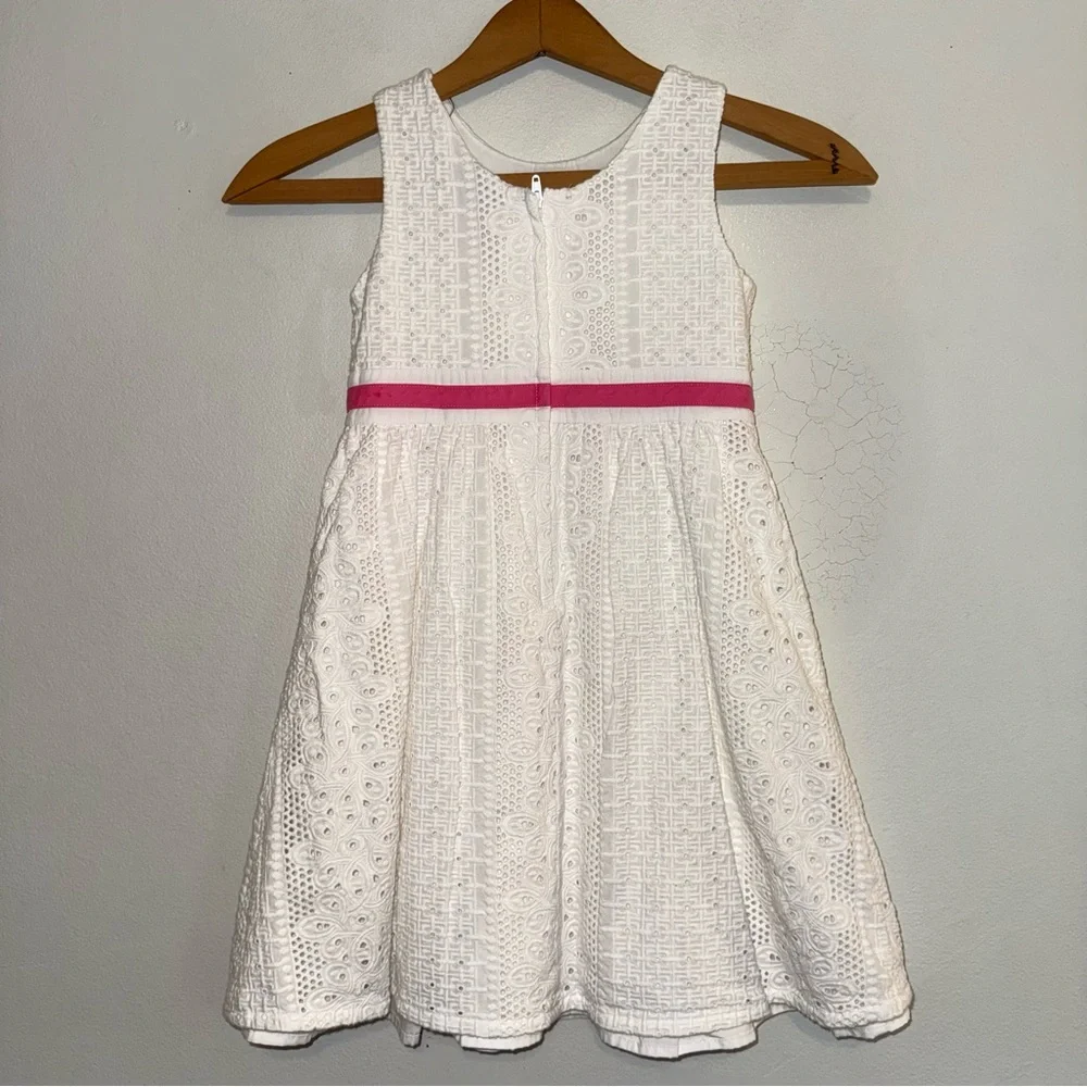 Lilly Pulitzer Girls White Lace Dress with Pink Rosettes and Trim Size 5